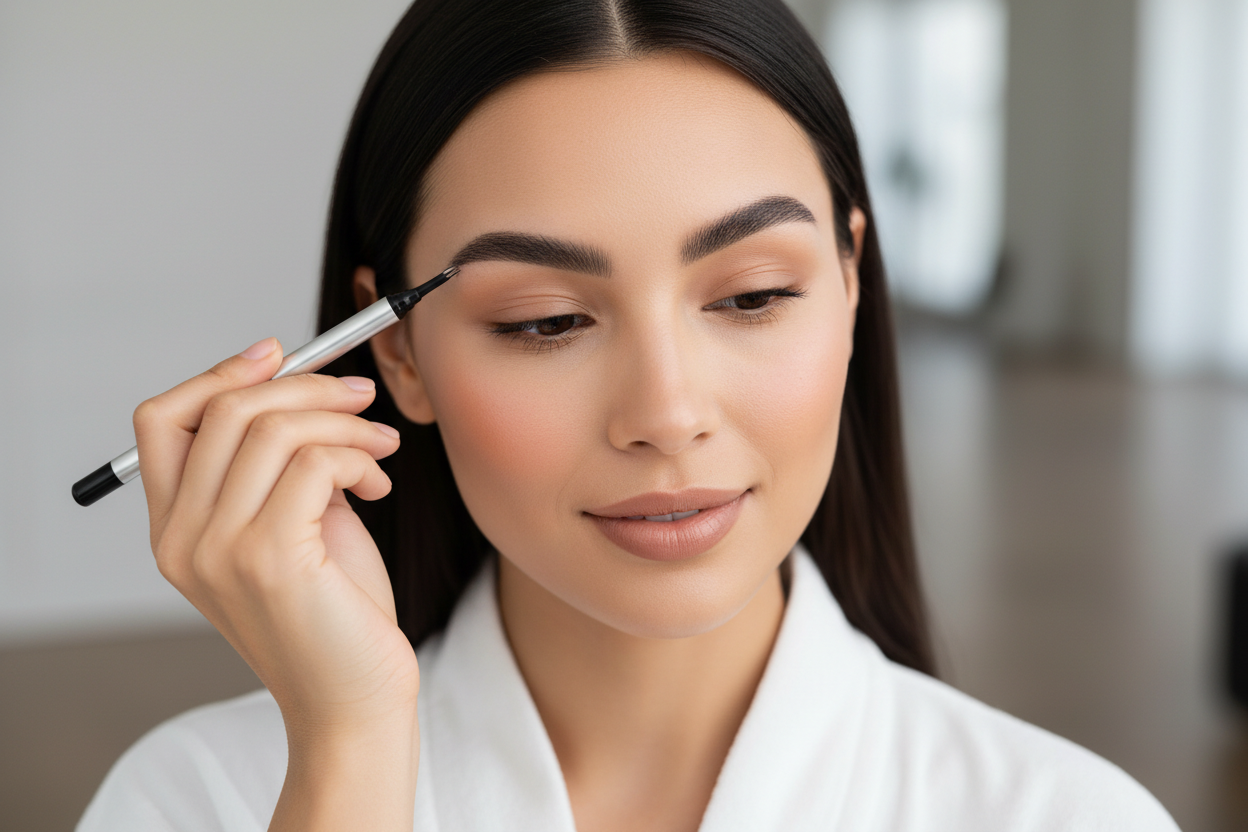 Femme appliquant le crayon à sourcils microblading